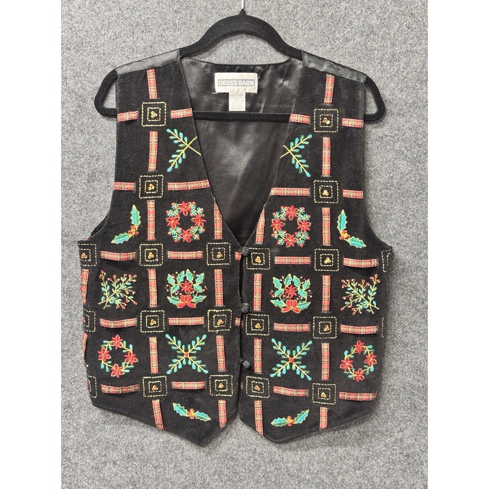 Vintage Dressbarn Christmas Vest Womens Embroidered Holiday Holly Wreath Plaid